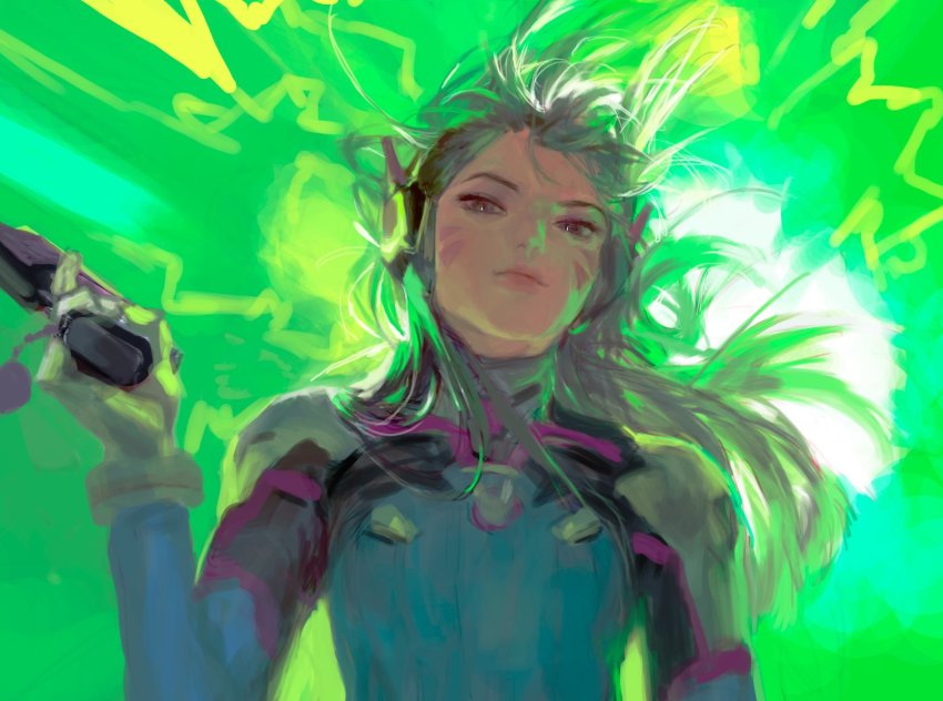 1girl, blue_bodysuit, bodysuit, brown_eyes, brown_hair, closed_mouth, commentary, d.va_(overwatch), facepaint, facial_mark, female_focus, gloves, gun, headset, highres, holding, holding_gun, holding_weapon, long_hair, minju_shim, overwatch, overwatch_1, solo, upper_body, weapon, whisker_markings, white_gloves