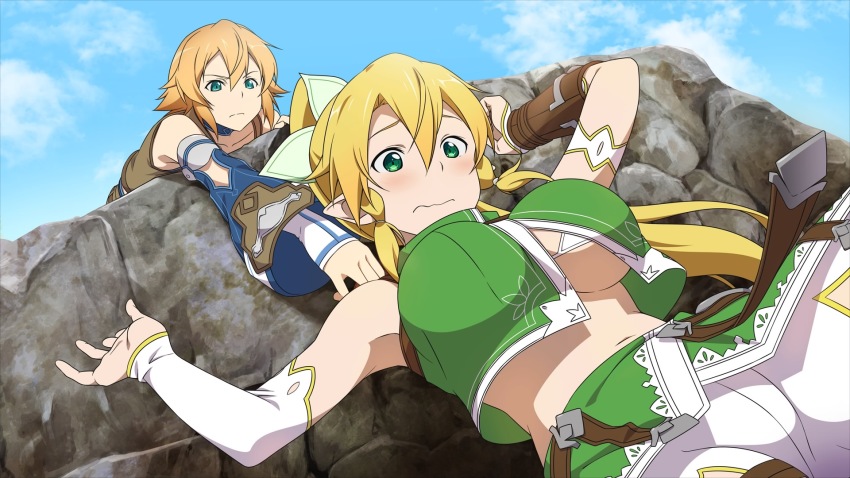 2girls, blonde_hair, breasts, cliff, detached_sleeves, game_cg, green_eyes, hair_between_eyes, heropin, highres, large_breasts, leafa_(sao), leafa_(sao:im), multiple_girls, official_art, philia_(sao), ponytail, short_hair, sleeveless, sword_art_online, sword_art_online:_hollow_realization, tagme, underboob