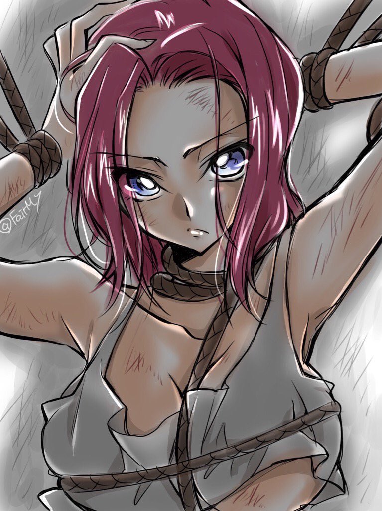 1girl, arms_up, blue_eyes, bondage, bound, breasts, code_geass, crop_top