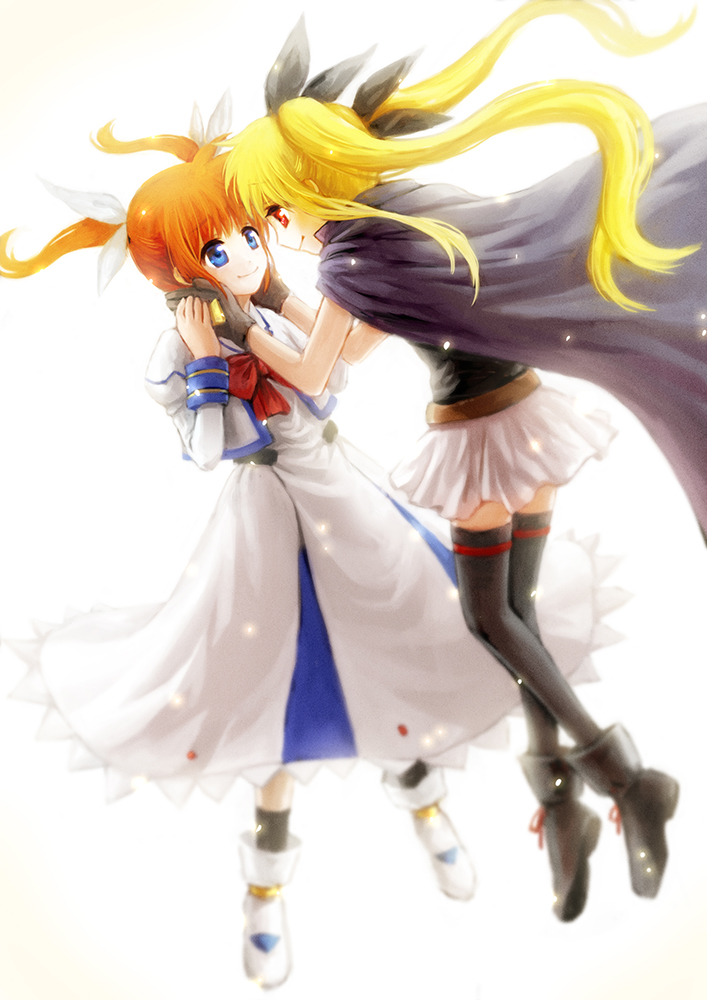 2girls, bad_id, bad_pixiv_id, blonde_hair, blue_eyes, brown_hair, cape, dress