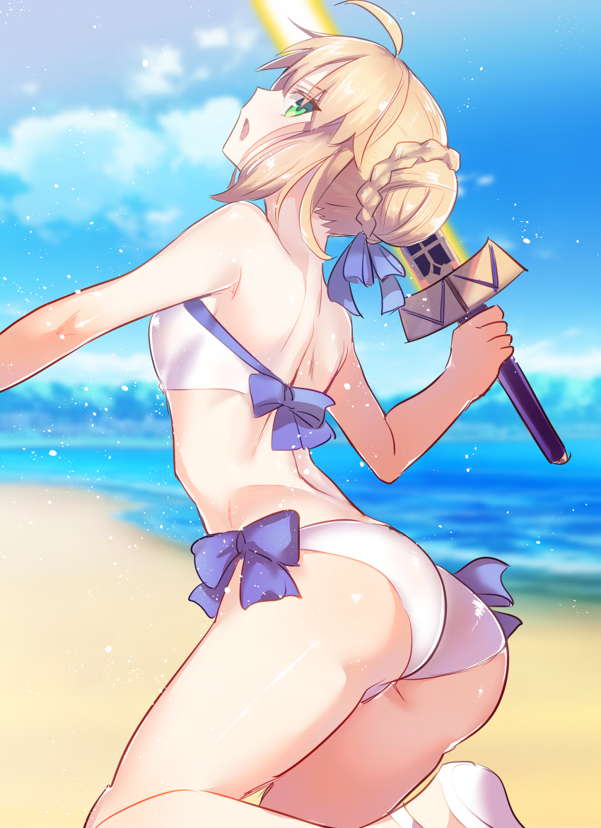1girl, ahoge, artoria_pendragon_(fate), ass, beach, bikini, blonde_hair, braid, breasts, cloud, commentary, day, excalibur_(fate/stay_night), fate/grand_order, fate_(series), female_focus, green_eyes, holding, holding_sword, holding_weapon, looking_at_viewer, looking_back, makita_(homosapiensu), medium_breasts, ocean, open_mouth, outdoors, saber_(fate), saber_(swimsuit_archer)_(first_ascension)_(fate), sky, solo, swimsuit, sword, water_gun, weapon, white_bikini