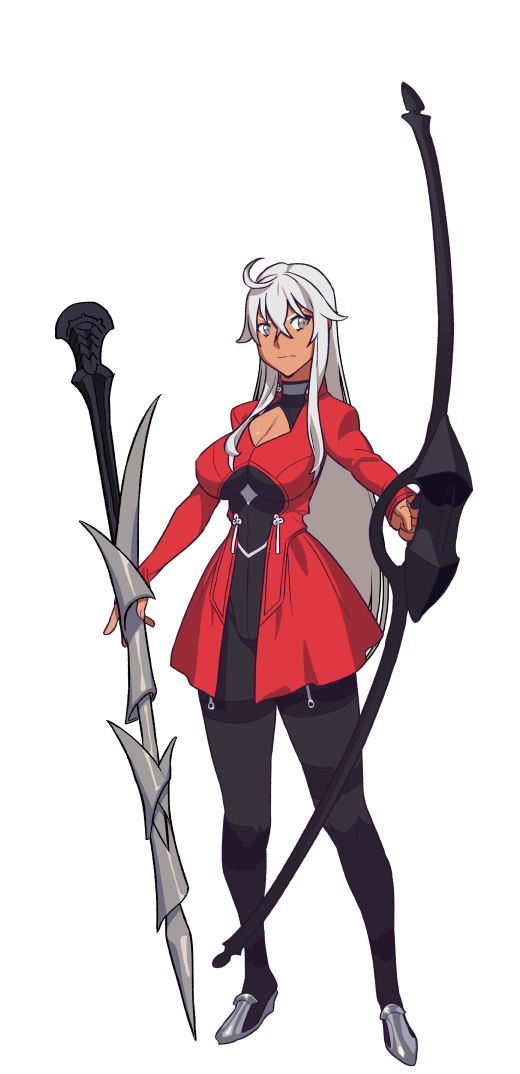 1girl, archer_(fate), bodysuit, bow_(weapon), breasts, cleavage, dark-skinned_female, dark_skin, fate/stay_night, fate_(series), female_focus, genderswap, genderswap_(mtf), grey_eyes, hrunting, large_breasts, lilirulu, long_hair, solo, weapon, white_hair