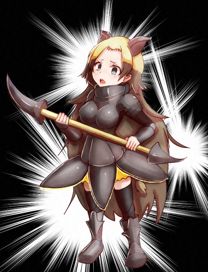 10s, 1girl, animal_ears, armor, armored_boots, black_background, blonde_hair, boots