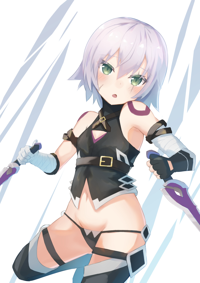 1girl, bandaged_arm, bandages, bare_shoulders, black_panties, black_thighhighs, blush, breasts