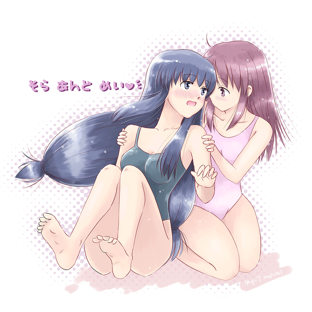 00s, 2girls, ahoge, bad_id, bad_pixiv_id, bare_shoulders, barefoot, blue_eyes