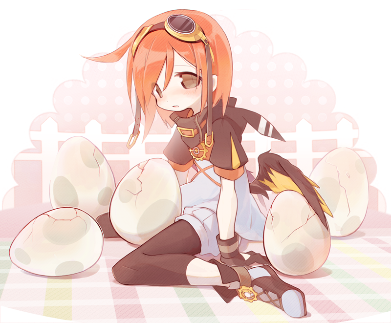 ameko-107, androgynous, black_gloves, brown_eyes, crack, dress, egg, fence