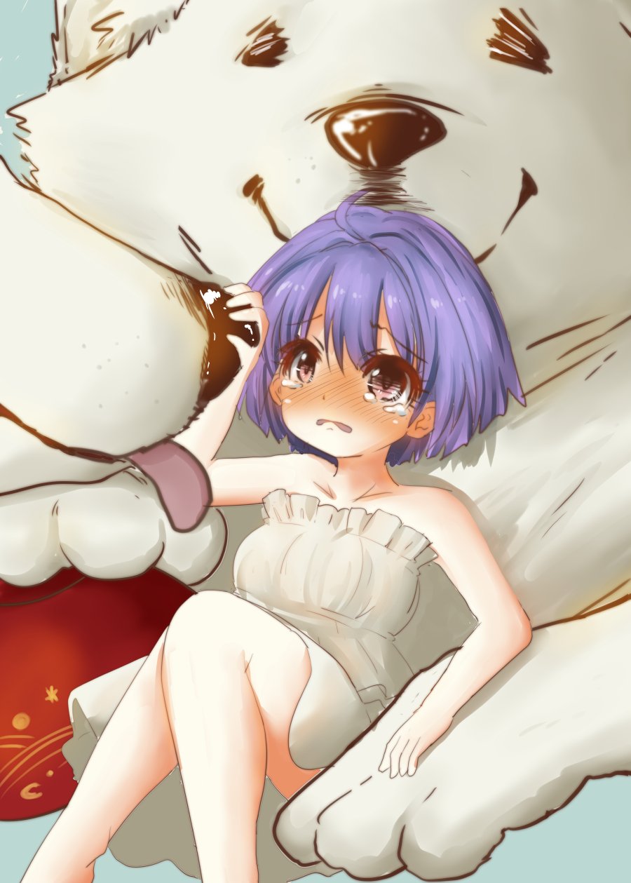 1girl, ahoge, alternate_costume, aqua_background, bad_id, bad_twitter_id, blocking, blush