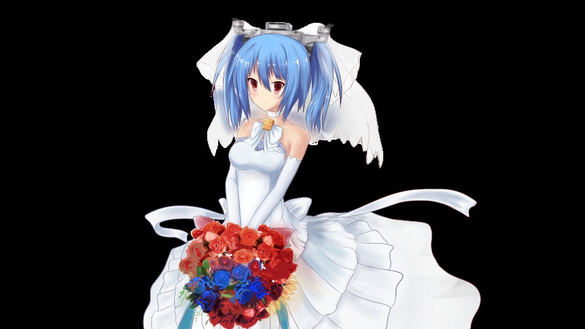 1girl, absurdres, bare_shoulders, blue_hair, bouquet, choker, collarbone, dress