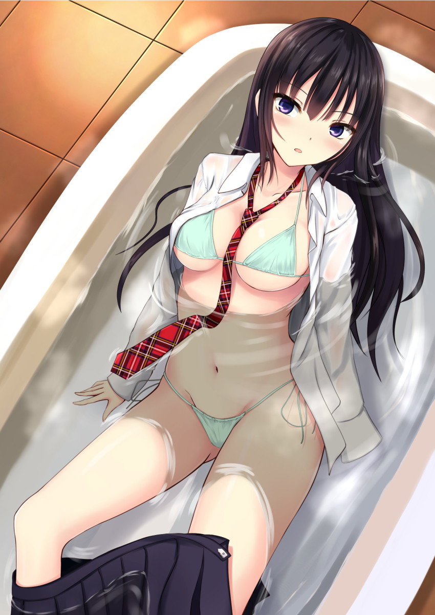 1girl, :o, aqua_bikini, bathing, between_breasts, bikini, bikini_under_clothes, black_hair