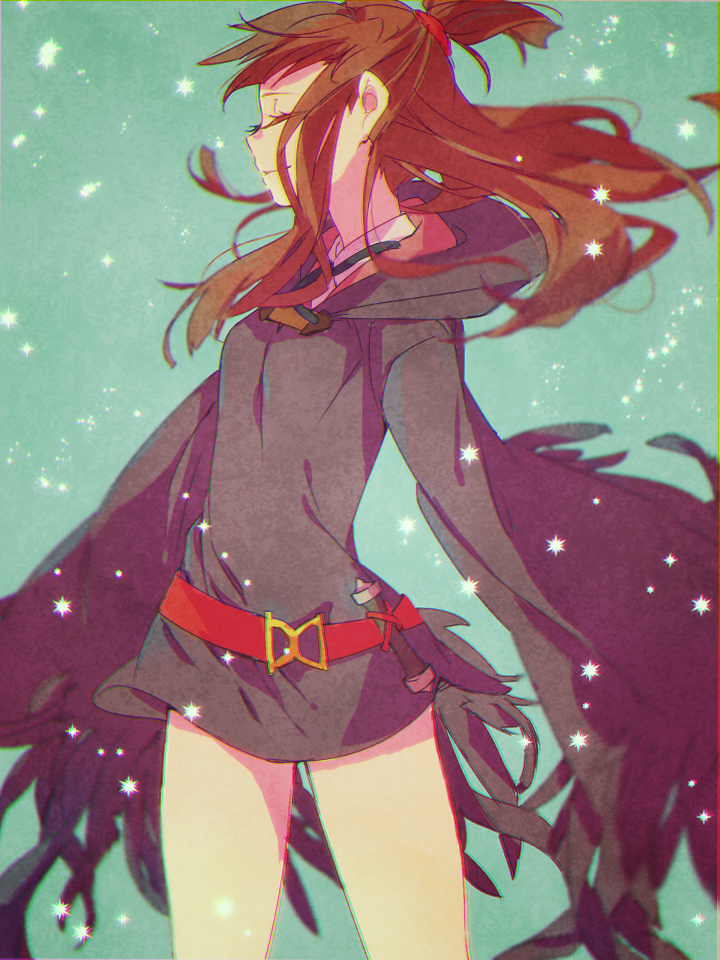 10s, 1girl, belt, brown_hair, closed_eyes, dress, female_focus, hanayama321, kagari_atsuko, little_witch_academia, long_hair, long_sleeves, ponytail, sketch, solo, witch