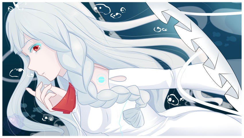 absurdres, air_bubble, ascot, bare_shoulders, blue_background, blue_flower, blue_rose, braid