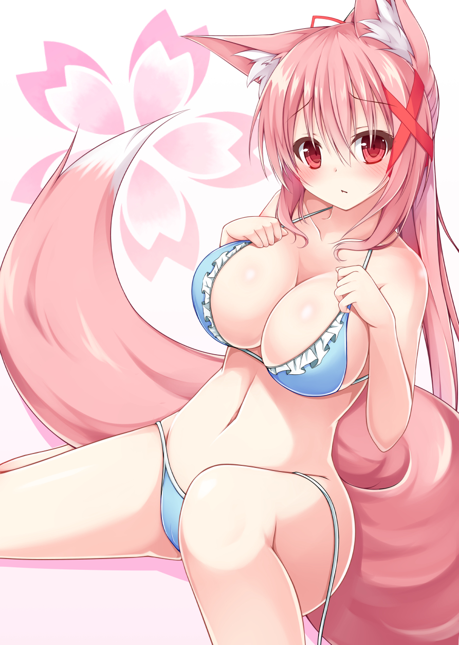 1girl, animal_ears, bikini, blue_bikini, blush, breasts, cleavage, collarbone
