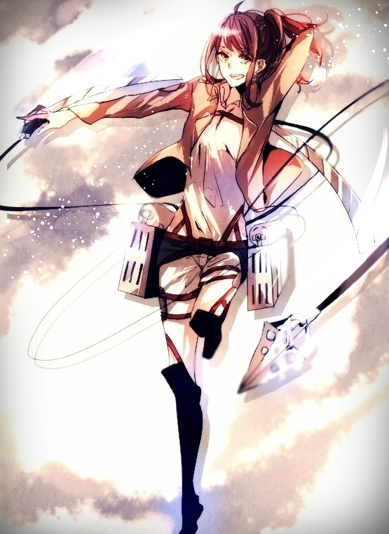 1girl, arm_up, brown_eyes, brown_hair, brown_jacket, dual_wielding, female_focus, holding, holding_sword, holding_weapon, jacket, leg_up, long_hair, looking_at_viewer, mana_(supaner), military, military_uniform, open_clothes, open_jacket, pants, ponytail, sasha_blouse, shingeki_no_kyojin, shirt, sketch, solo, sword, three-dimensional_maneuver_gear, weapon, white_pants, white_shirt