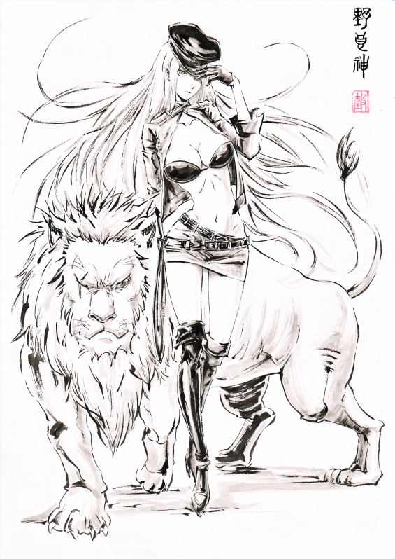 10s, 1girl, bishamonten_(noragami), black_bra, black_footwear, black_gloves, boots, bra, breasts, cleavage, collarbone, floating_hair, full_body, gloves, half_gloves, hat, hat_over_one_eye, jacket, jidao_huashi, kuraha_(noragami), large_breasts, lion, long_hair, looking_at_viewer, midriff, military_hat, miniskirt, monochrome, navel, noragami, open_clothes, open_jacket, scar, scar_across_eye, scar_on_face, skirt, standing, stomach, thigh_boots, thighhighs, underwear, very_long_hair