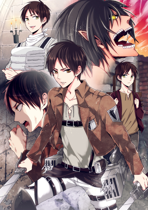 1boy, :d, age_difference, belt, black_hair, brown_eyes, brown_hair, brown_jacket