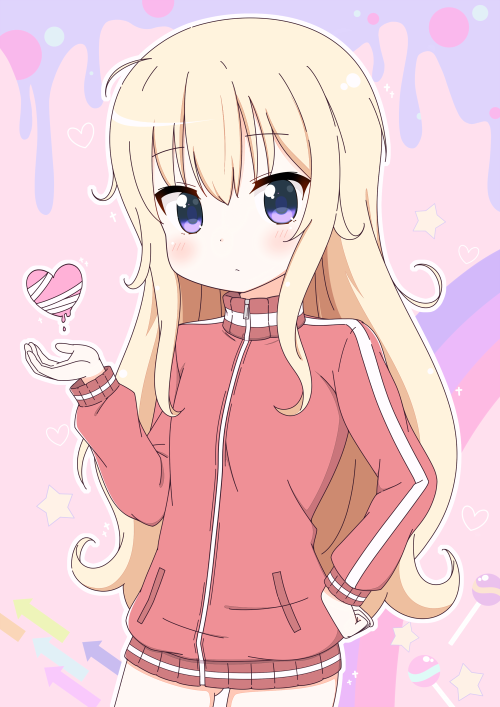 10s, 1girl, bad_id, bad_pixiv_id, bandages, blonde_hair, blush, candy