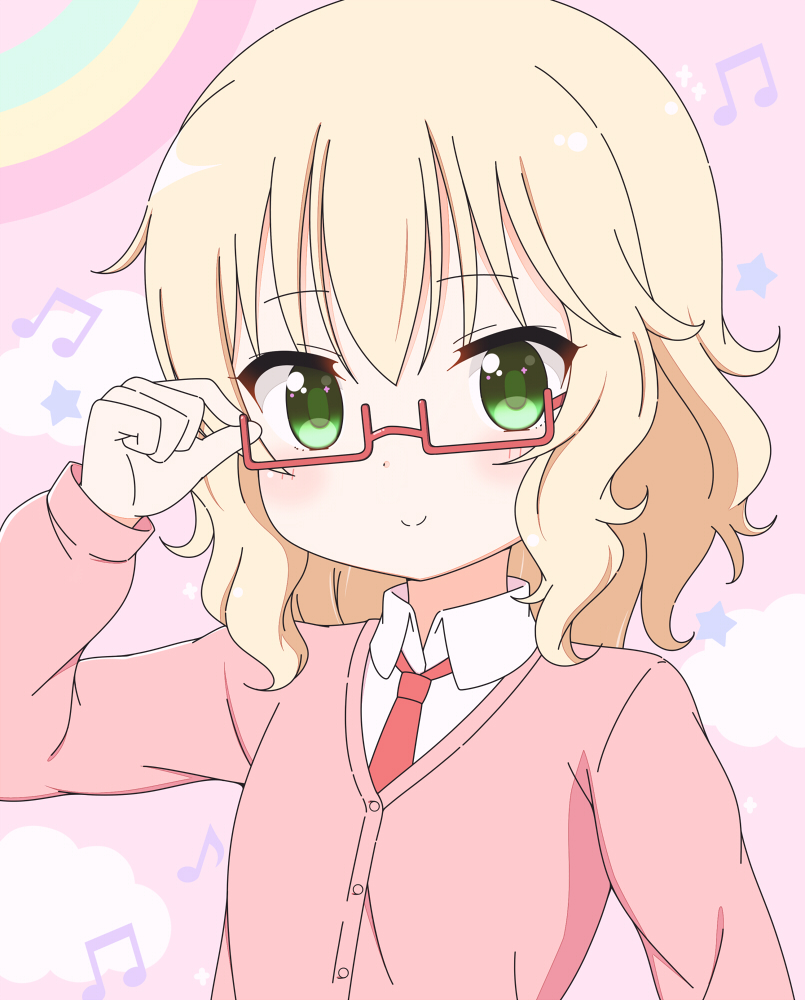 10s, 1girl, adjusting_eyewear, bad_id, bad_pixiv_id, bespectacled, blonde_hair, blush