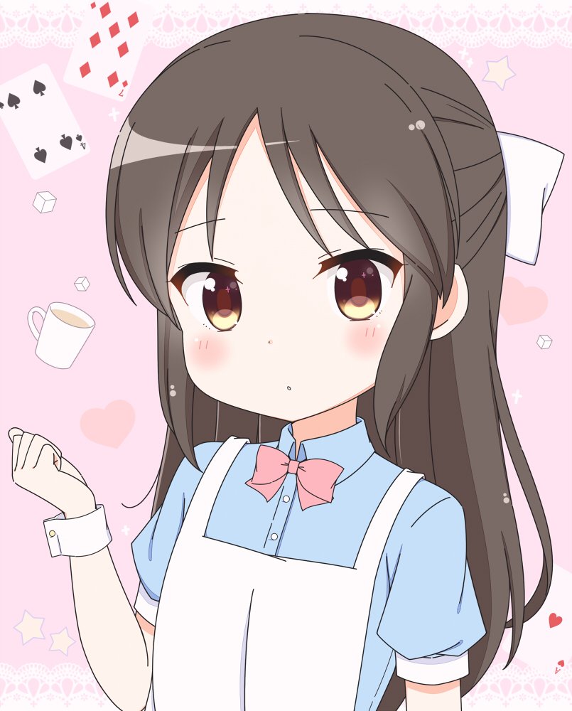 10s, 1girl, apron, bad_id, bad_pixiv_id, blush, bow, brown_eyes