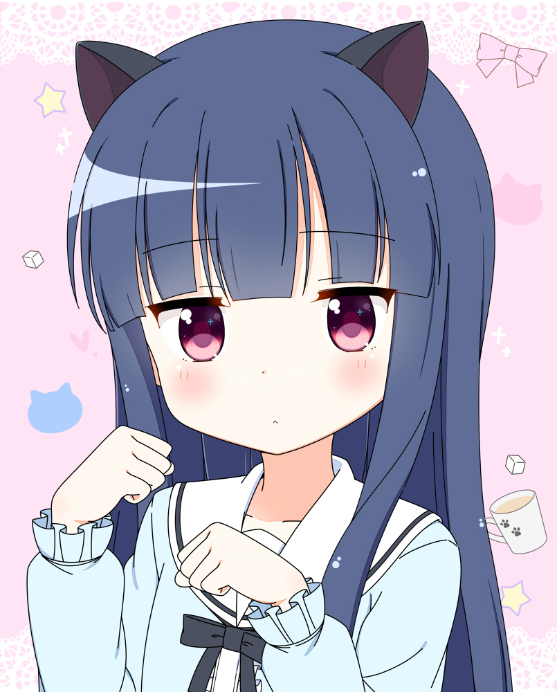 10s, 1girl, :<, animal_ears, bad_id, bad_pixiv_id, blue_hair, blush, bow, cat_ears, coffee, collarbone, cup, disposable_cup, female_focus, idolmaster, idolmaster_cinderella_girls, kurea_(a114019), looking_at_viewer, mug, paw_pose, pink_background, pink_bow, pink_eyes, sajo_yukimi, solo, star_(symbol)