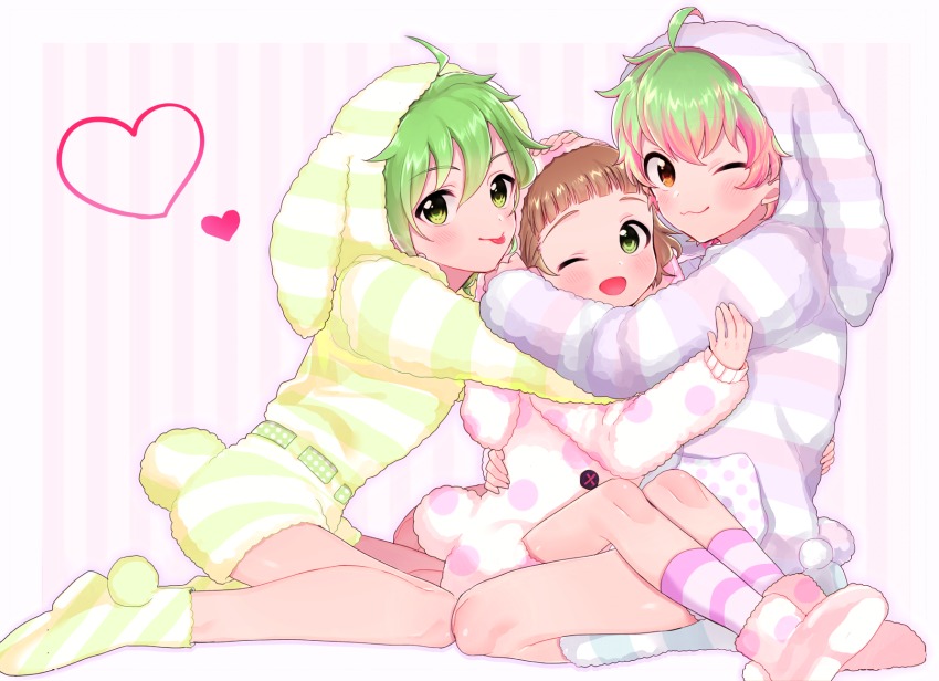 10s, :3, :p, abe_(kumayu), ahoge, animal_hood, blush, boots, brown_eyes, rabbit_hood, full_body, green_hair, group_hug, highres, himeno_kanon, hood, hug, idolmaster, idolmaster_side-m, male_focus, mitarai_shouta, multicolored_hair, multiple_boys, nekoyanagi_kirio, one_eye_closed, pajamas, pink_hair, smile, tongue, tongue_out, two-tone_hair