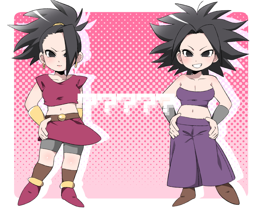 >:), >:|, 10s, 2girls, :|, ?, arm_at_side, armband, arms_at_sides, bare_shoulders, belt, big_hair, bike_shorts, blush, body_blush, bracer, breasts, brown_belt, brown_footwear, brown_legwear, caulifla, chibi, cleavage, closed_mouth, collarbone, crop_top, dragon_ball, dragon_ball_super, earrings, empty_eyes, eyelashes, facing_viewer, floating_hair, full_body, grin, groin, hair_intakes, hand_on_own_hip, hands_on_own_hips, high_ponytail, highres, hoop_earrings, jewelry, kale_(dragon_ball), ketsuwotatakuna, legs_apart, lips, long_hair, looking_at_viewer, medium_breasts, miniskirt, multiple_girls, navel, no_pupils, pants, polka_dot, polka_dot_background, ponytail, purple_pants, red_shirt, red_skirt, shirt, shoes, short_sleeves, shorts, shorts_under_skirt, silhouette, simple_background, single_hair_intake, skirt, smile, socks, spiked_hair, strapless, teeth, tube_top, v-shaped_eyebrows, white_background