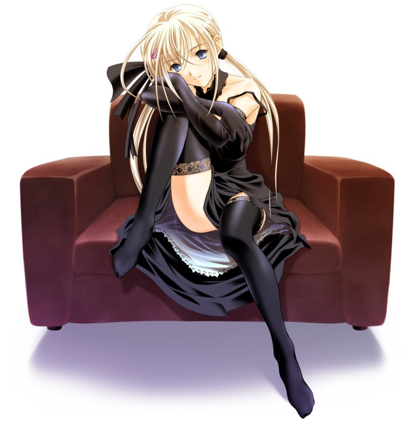 1girl, aizawa_kotarou, black_gloves, black_theme, blonde_hair, chair, elbow_gloves, female_focus