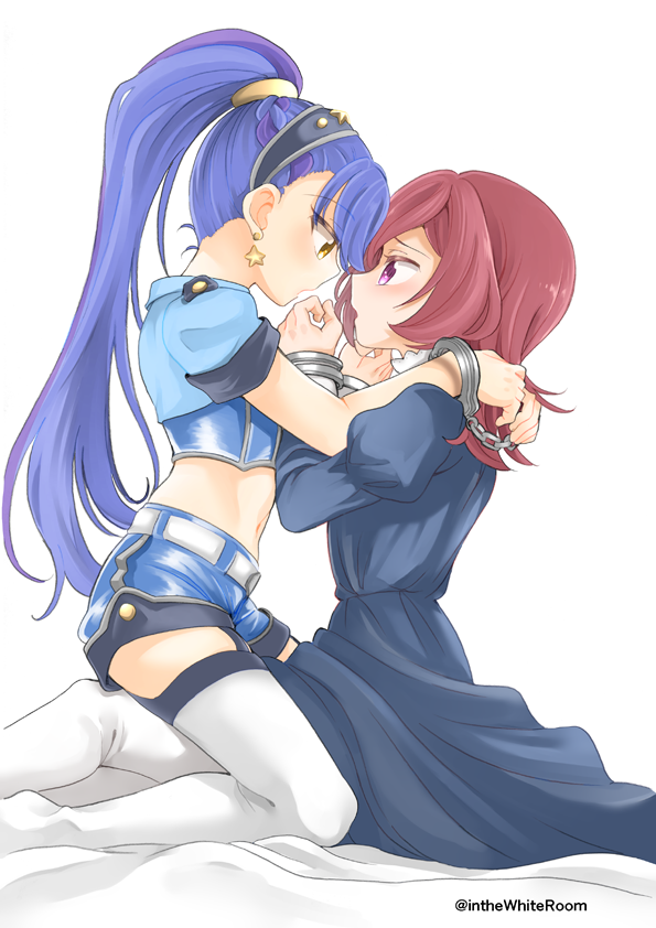 10s, 2girls, aikatsu!, aikatsu!_(series), aikatsu_stars!, ashida_yuuri, blue_hair, cuffs, earrings, handcuffs, jewelry, kisaragi_tsubasa, long_hair, looking_at_another, midriff, multiple_girls, navel, on_bed, open_mouth, over-kneehighs, pink_eyes, ponytail, red_hair, simple_background, stomach, takeshisu, thighhighs, twitter_username, white_background, yellow_eyes, yuri