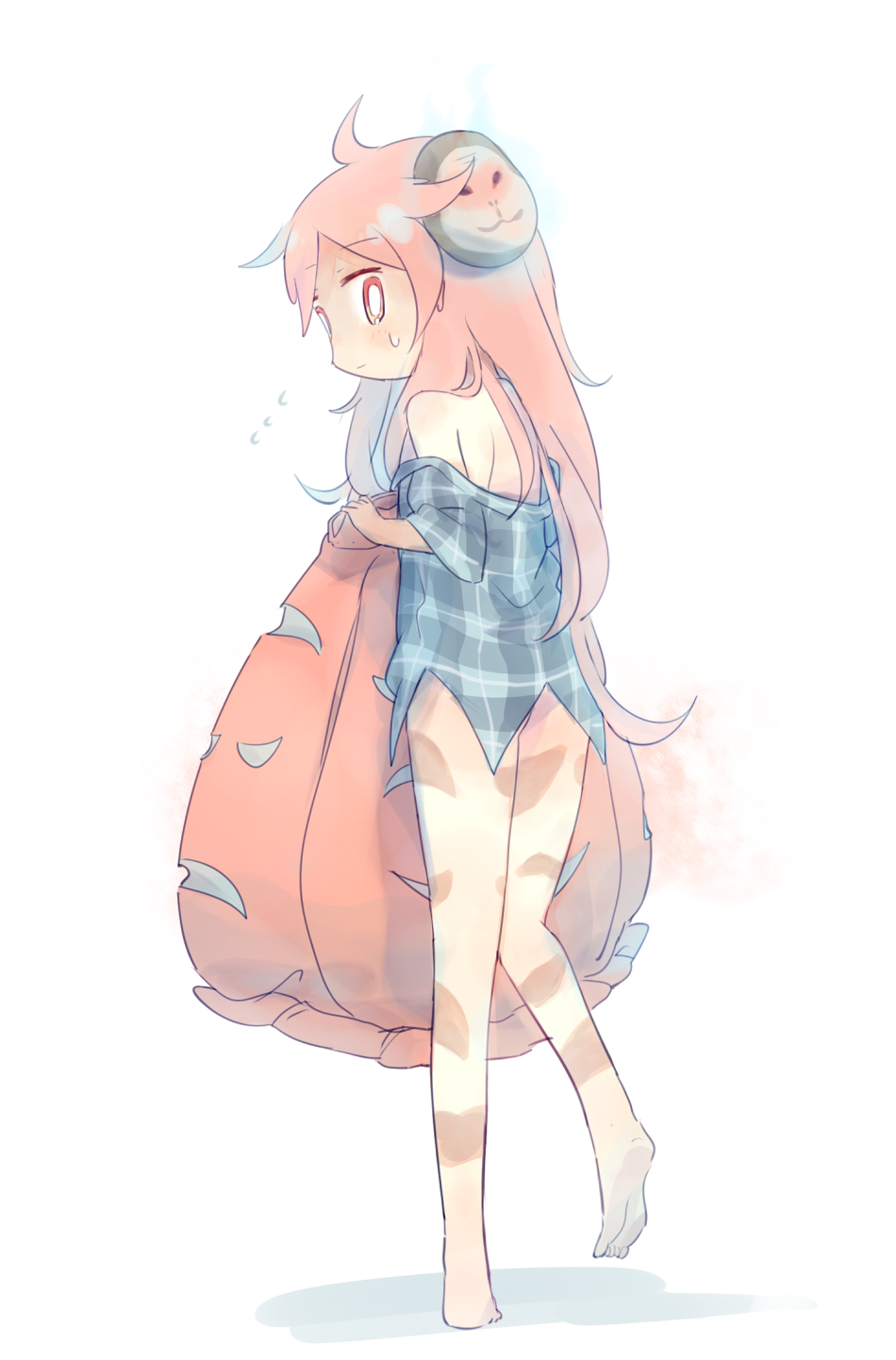 1girl, ashiyu_(ashu-ashu), bare_legs, bare_shoulders, barefoot, blush, commentary, female_focus