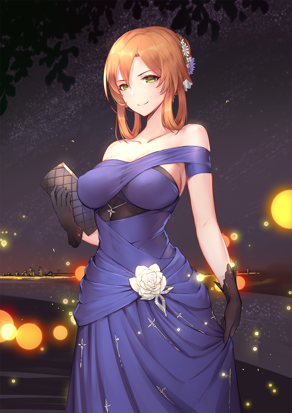 1girl, bag, bare_shoulders, black_gloves, blonde_hair, blue_dress, breasts, closed_mouth, collarbone, cowboy_shot, dress, dress_flower, female_focus, flower, girls'_frontline, gloves, green_eyes, hair_rings, handbag, highres, holding, large_breasts, light_smile, liu_lan, looking_at_viewer, night, official_alternate_costume, outdoors, scenery, smile, solo, springfield_(girls'_frontline), springfield_(queen_in_radiance)_(girls'_frontline), white_flower