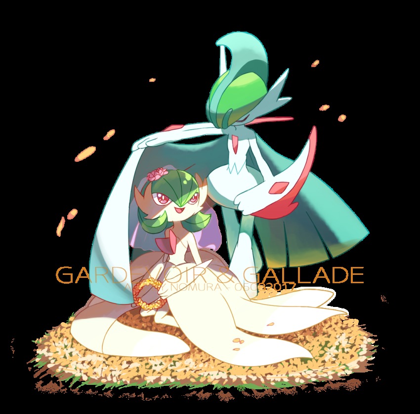 1boy, 1girl, artist_name, cape, character_name, closed_eyes, dated, english_text, flower, flower_bed, flower_on_head, flower_wreath, gallade, gardevoir, gen_3_pokemon, gen_4_pokemon, green_hair, happy, kneeling, looking_up, mega_gallade, mega_gardevoir, mega_pokemon, nintendo, nomura, open_mouth, petals, pink_flower, pokemon, pokemon_(creature), pokemon_diamond/pearl/platinum, pokemon_ruby/sapphire/emerald, red_eyes, short_hair, smile, standing, text_focus, transparent_background, veil, wreath, yellow_flower