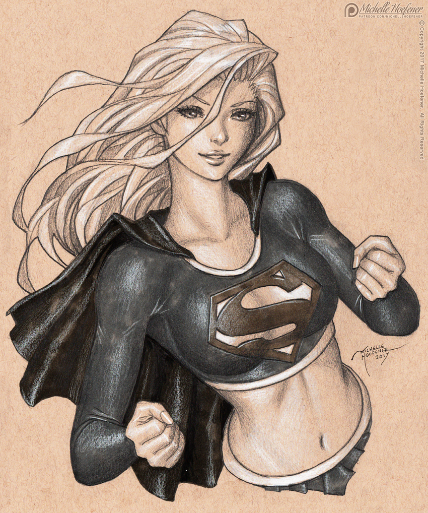 1girl, artist_name, breasts, cape, clenched_hands, collarbone, colored_pencil_(medium), crop_top