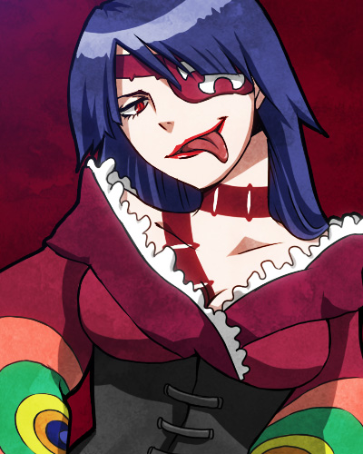 00s, adiane, bad_id, bad_pixiv_id, batako, batako_(artist), blue_hair, corset, dress, eyepatch, frills, lipstick, long_hair, lowres, makeup, red_eyes, tattoo, tengen_toppa_gurren_lagann, tongue