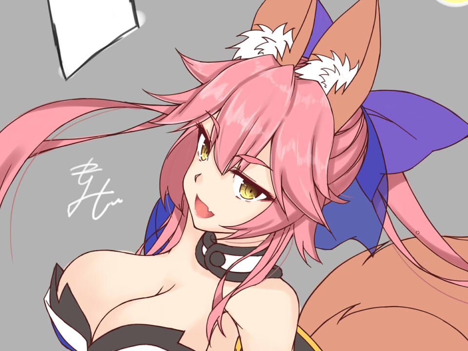 10s, 1girl, animal_ears, breasts, cleavage, detached_sleeves, fang, fate/extra
