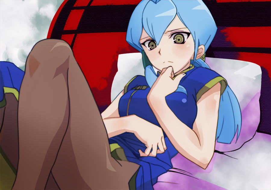 1girl, bad_id, bad_pixiv_id, blue_hair, blush, brown_pantyhose, cardfight!!_vanguard, china_dress