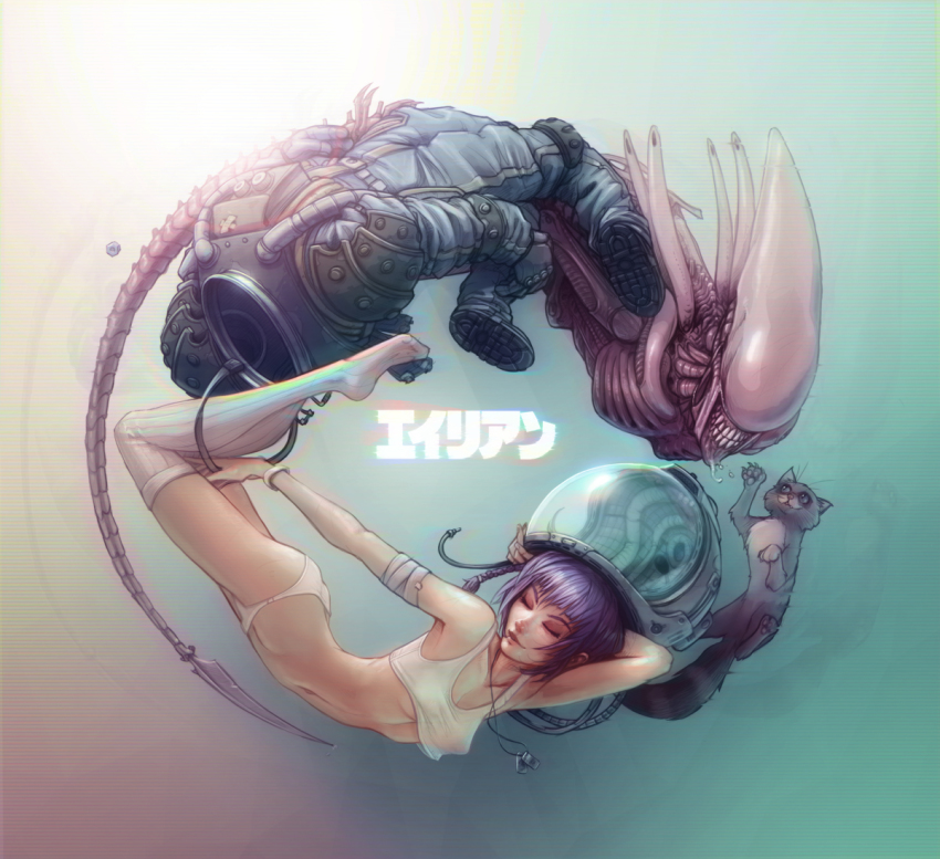 1girl, alien_(1979), alien_(series), alien_covenant, armpits, bra, bracelet, cat