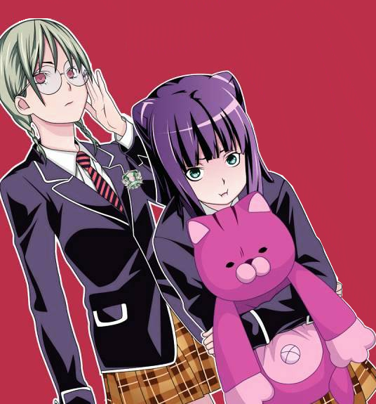 10s, 2girls, akanegakubo_momo, blue_eyes, braid, kinokuni_nene, multiple_girls, red_eyes