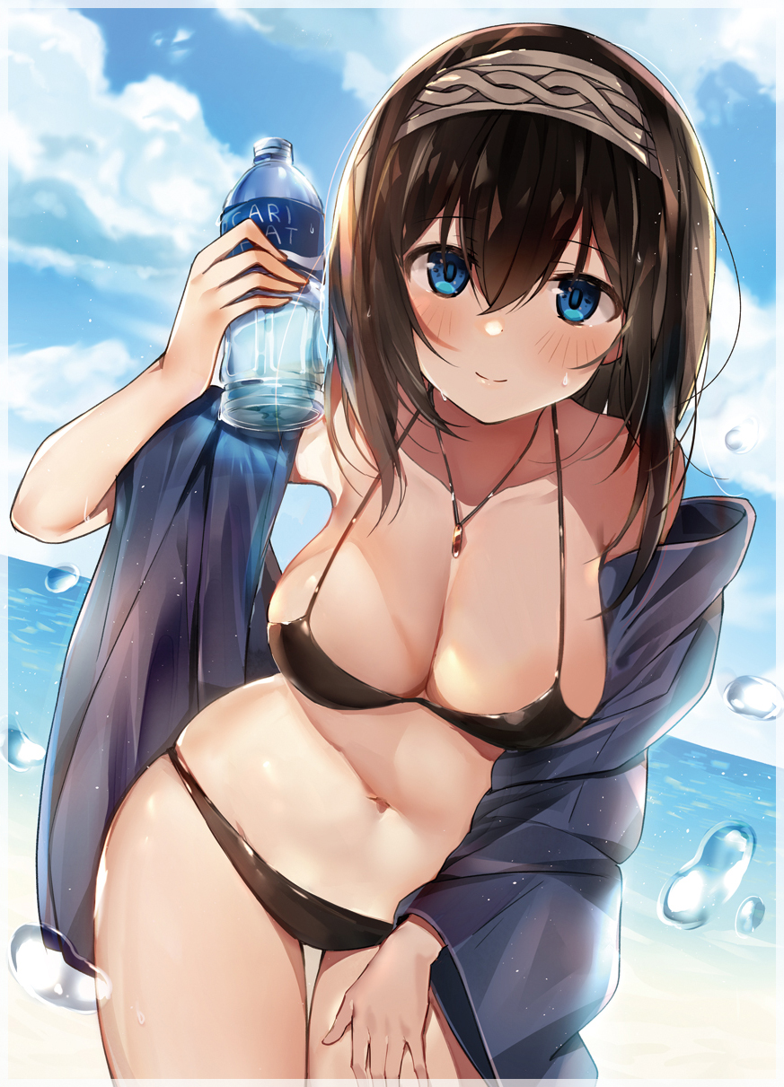 10s, 1girl, beach, bikini, black_bikini, blue_eyes, blush, border