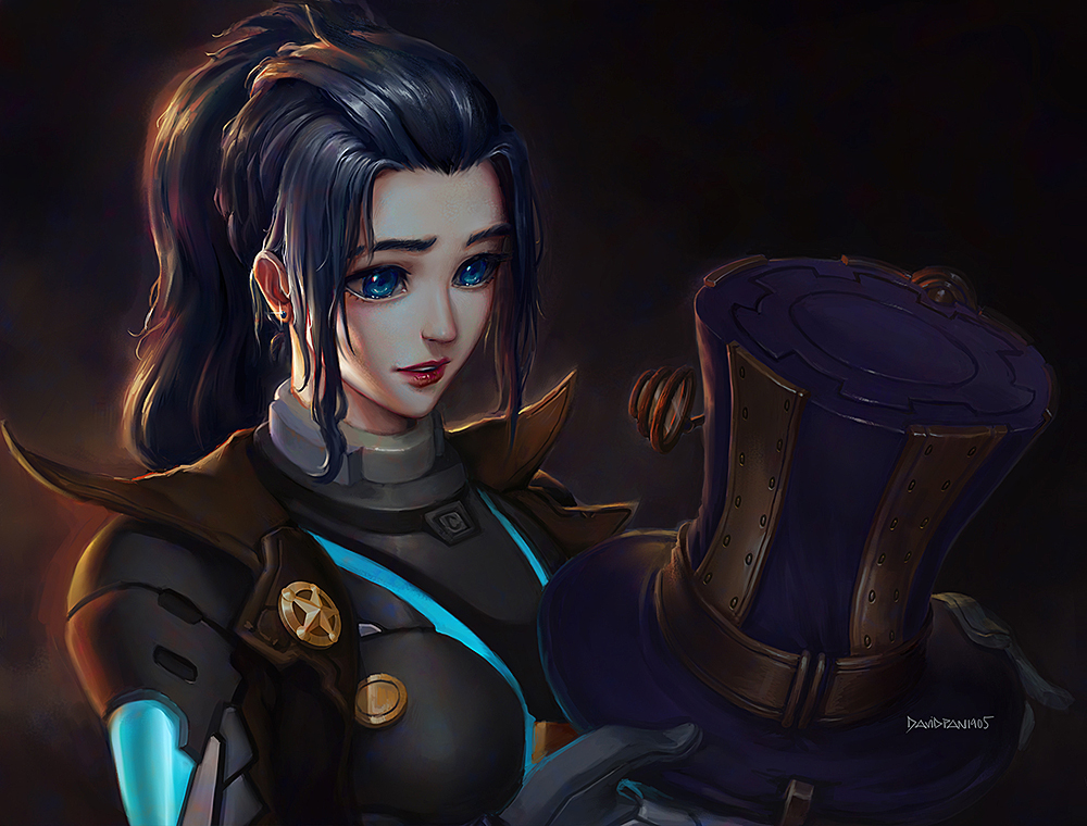 1girl, alternate_costume, artist_name, black_hair, blue_eyes, caitlyn_(league_of_legends), david_pan, earrings