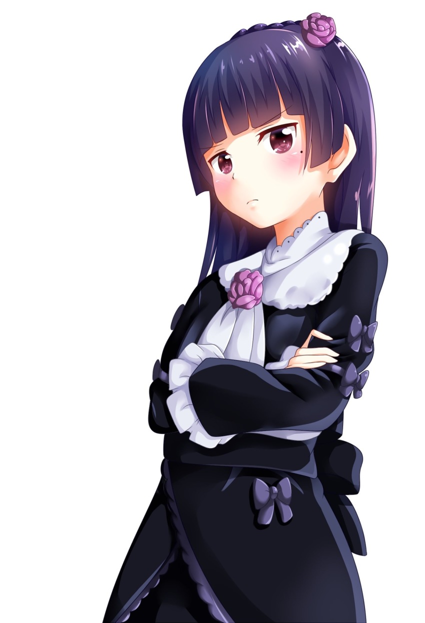 1girl, black_dress, black_hair, cowboy_shot, crossed_arms, dress, female_focus, flower