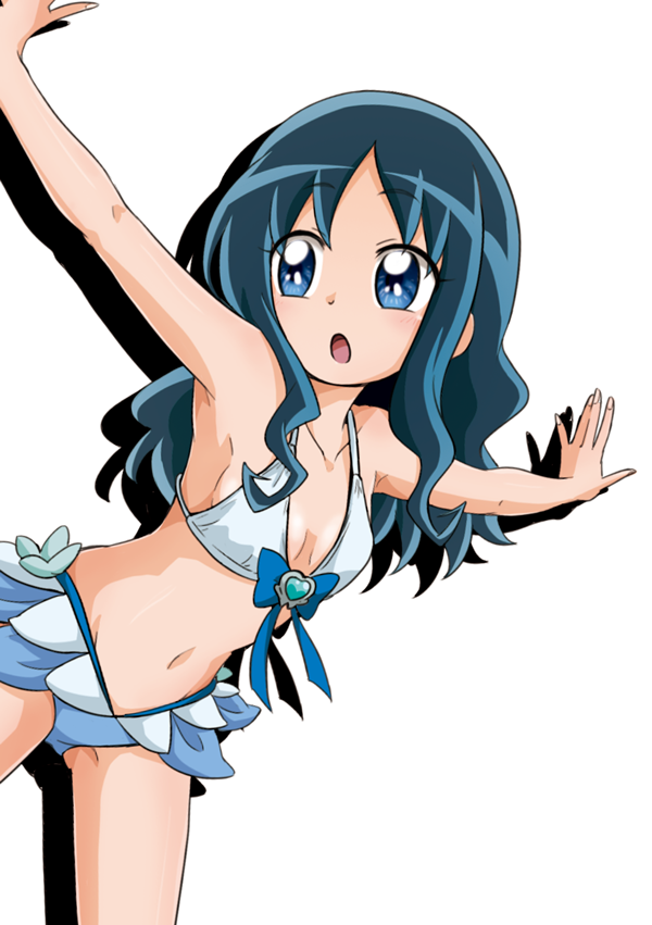 10s, 1girl, :o, adapted_costume, bikini, blue_eyes, blue_hair, blush, breasts, collarbone, female_focus, heartcatch_precure!, kurumi_erika, long_hair, looking_away, matching_hair/eyes, nita_(onakatohoppe), open_mouth, precure, simple_background, small_breasts, solo, swimsuit