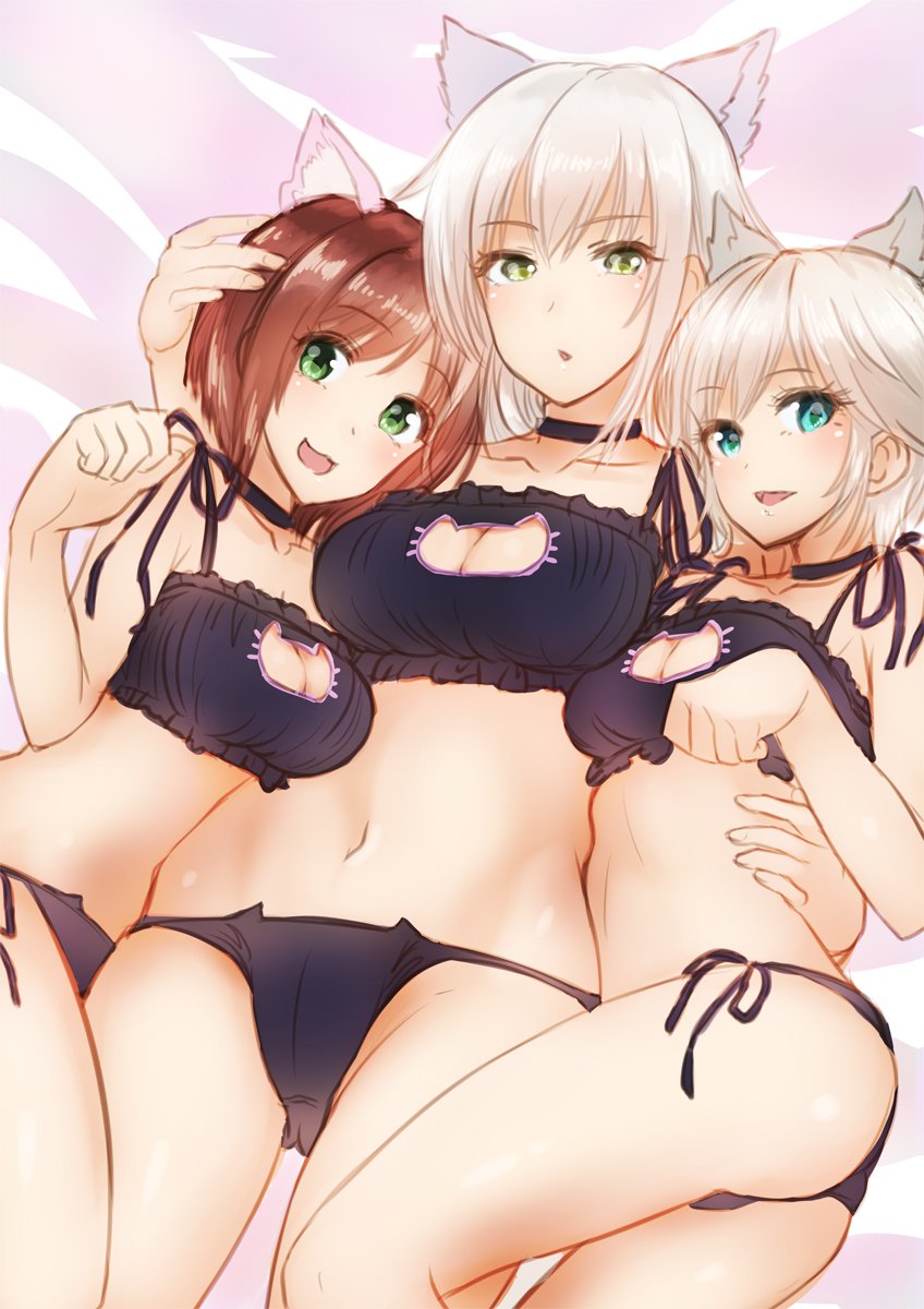 10s, 3girls, akai_kagerou, anastasia_(idolmaster), animal_ears, animal_print, bare_shoulders, black_bra