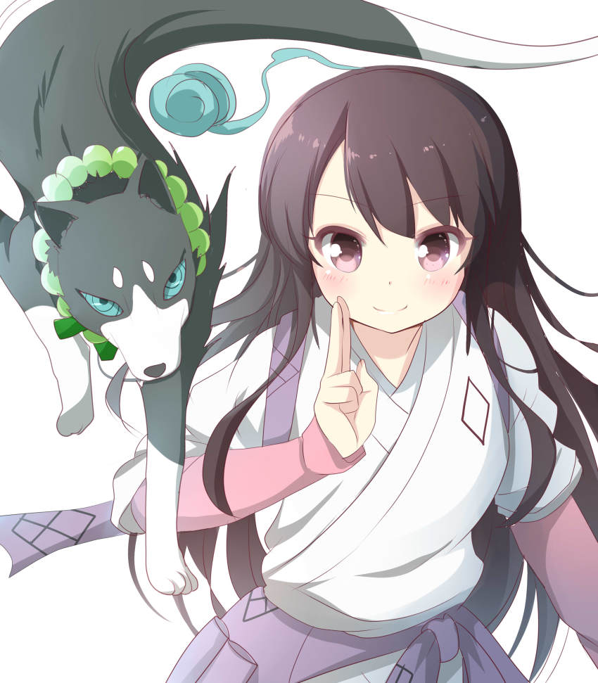 1girl, absurdres, black_hair, blush, hair_down, hakubi, highres, ikazu401, kekkaishi, long_hair, looking_at_viewer, pink_eyes, smile, yukimura_tokine