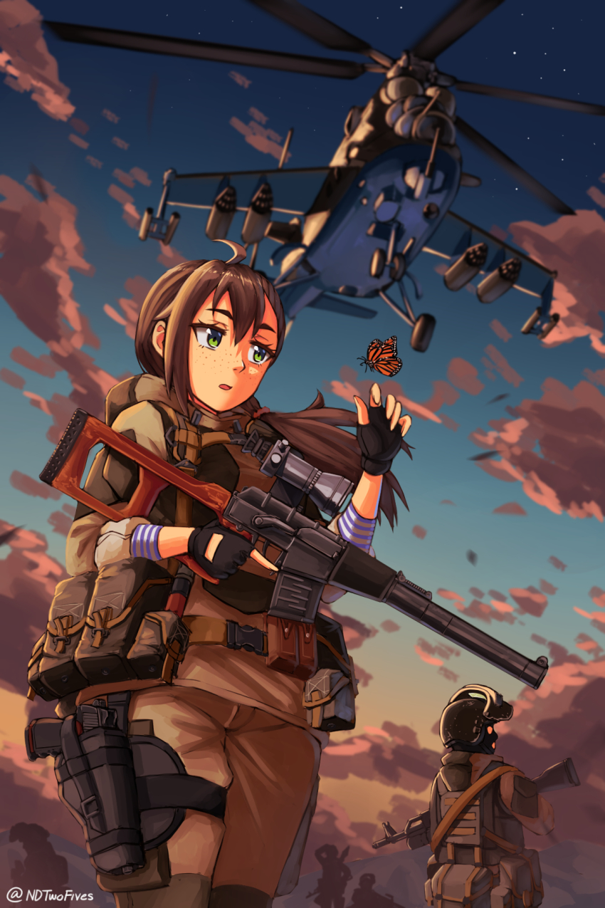 1girl, ahoge, aircraft, assault_rifle, attack_helicopter, blurry, brown_hair, bug