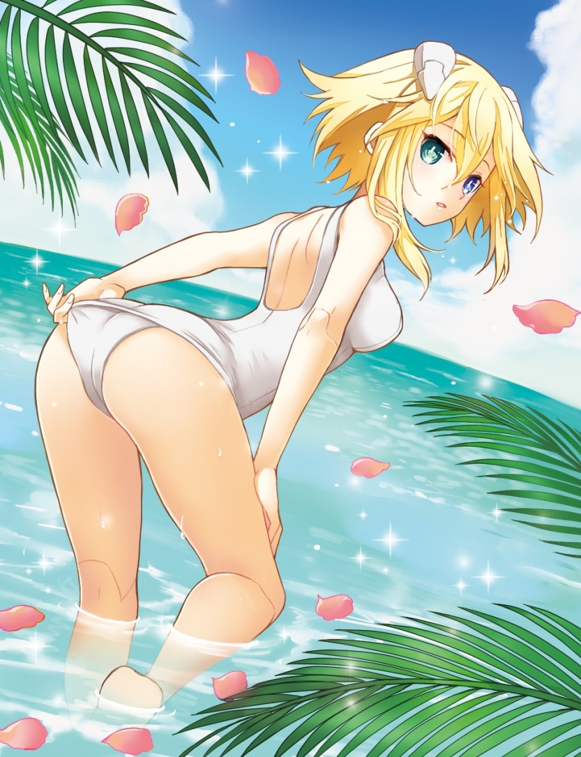 10s, 1girl, adjusting_clothes, adjusting_swimsuit, ange_vierge, ass, bare_shoulders, blonde_hair