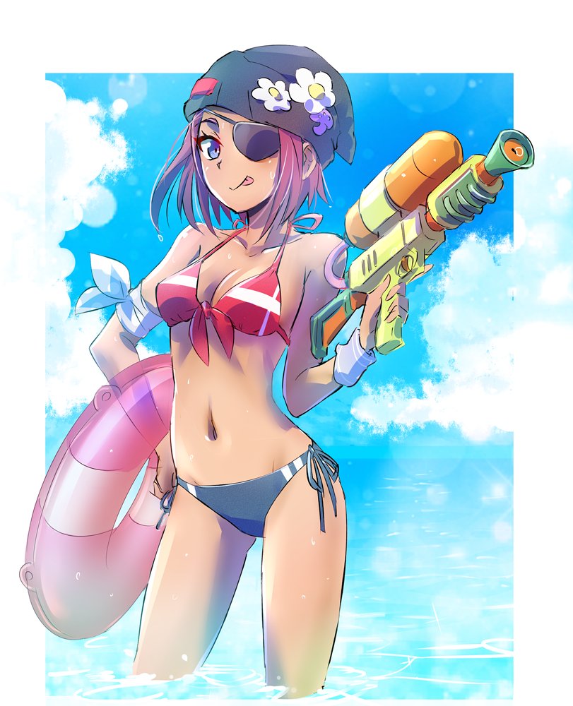 1girl, bandaged_arm, bandages, beanie, bikini, black_panties, blue_bikini, blue_eyes, blue_sky, breasts, cleavage, cloud, cloudy_sky, day, eyepatch, female_focus, flower, front-tie_bikini_top, front-tie_top, hair_flower, hair_ornament, hat, iesupa, innertube, may_zedong, mismatched_bikini, navel, panties, purple_hair, red_bikini, rwby, side-tie_bikini_bottom, side-tie_panties, sky, solo, splattershot_(splatoon), swim_ring, swimsuit, tongue, tongue_out, transparent, underwear, wading, water, water_gun, wet, wristband