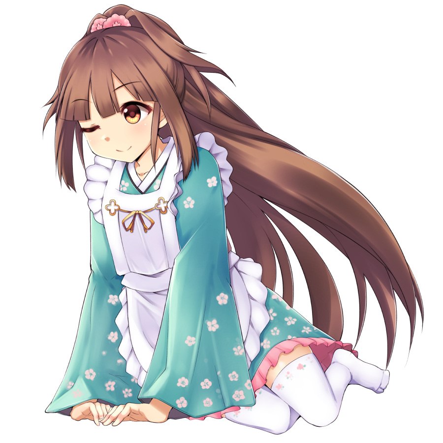 1girl, brown_eyes, brown_hair, female_focus, full_body, japanese_clothes, leaning_to_the_side, long_hair