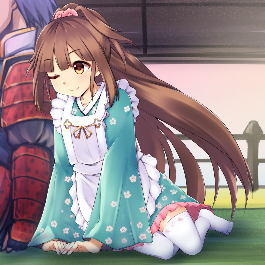 1boy, 1girl, brown_eyes, brown_hair, full_body, japanese_clothes, leaning_on_person, long_hair
