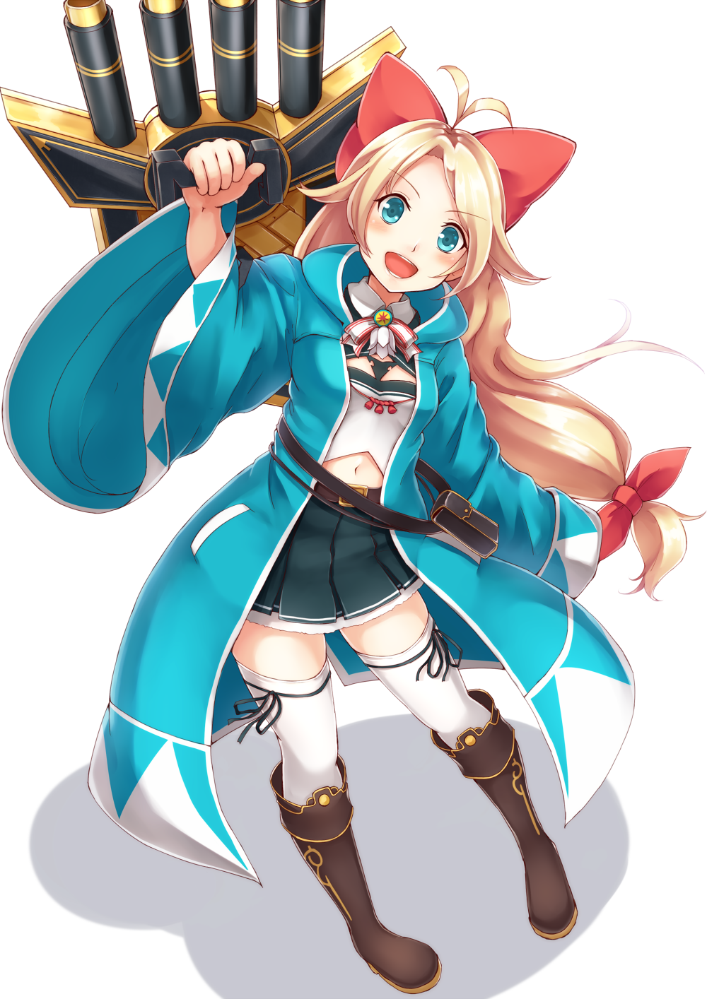 1girl, antenna_hair, bad_id, bad_pixiv_id, blonde_hair, blue_eyes, boots, brown_boots
