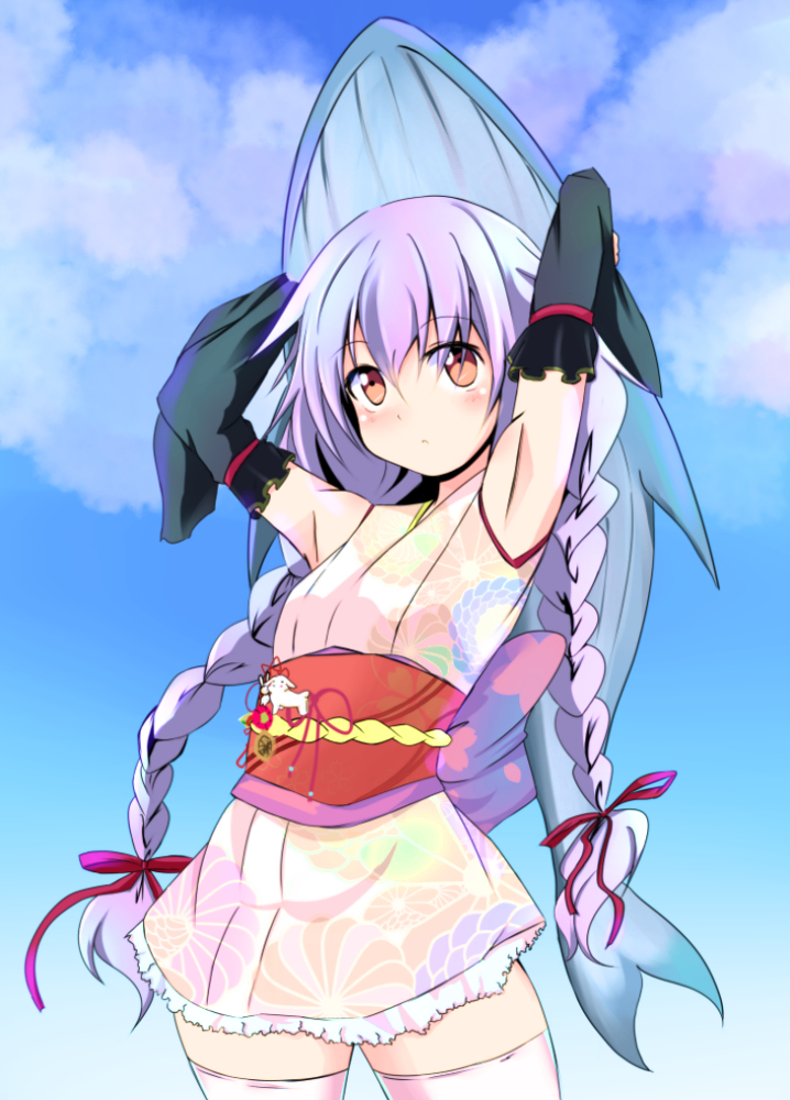 1girl, armpits, arms_behind_head, braid, detached_sleeves, female_focus, japanese_clothes, long_hair
