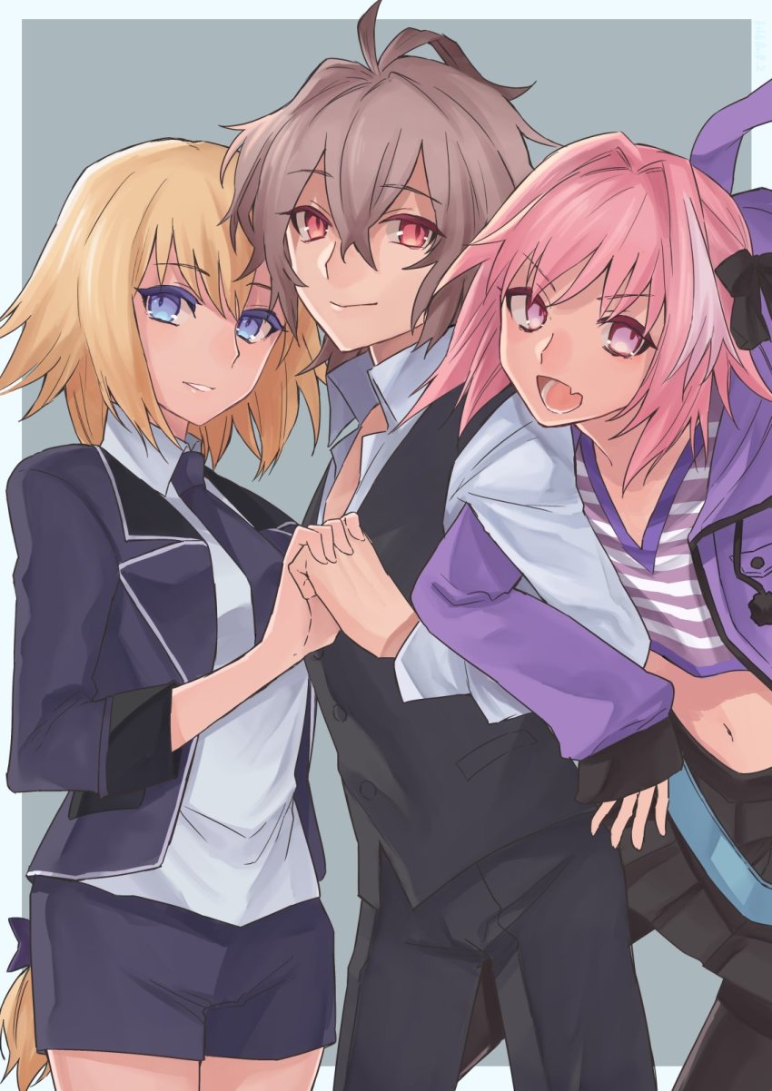 1girl, 2boys, astolfo_(fate), astolfo_(memories_at_trifas)_(fate), blonde_hair, braid, fang, fate/apocrypha